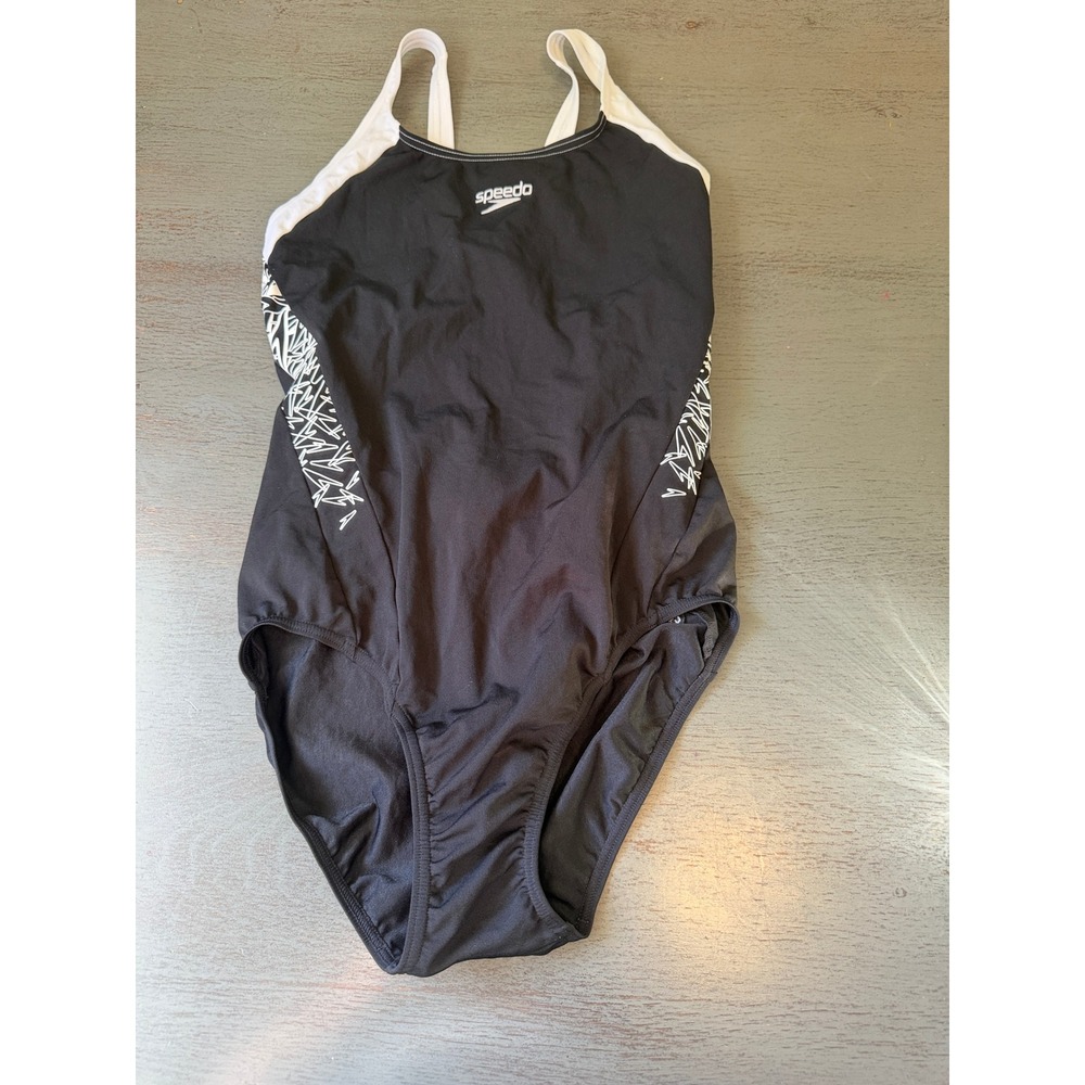 Speedo Endurance+ Racerback One Piece Swimsuit Black White Graphic Size 40 16